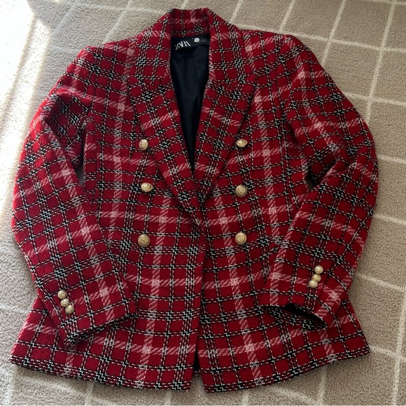 Zara Jackets & Blazers - NWOT ZARA Red Plaid Tweed Double Breasted Blazer